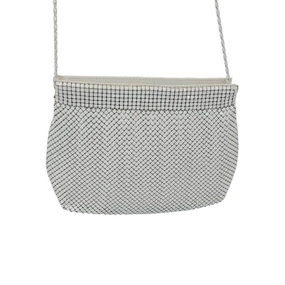 Vintage 80s White Metal Mesh Evening Bag Crossbody Chain Shoulder Bag Formal - Picture 2 of 12